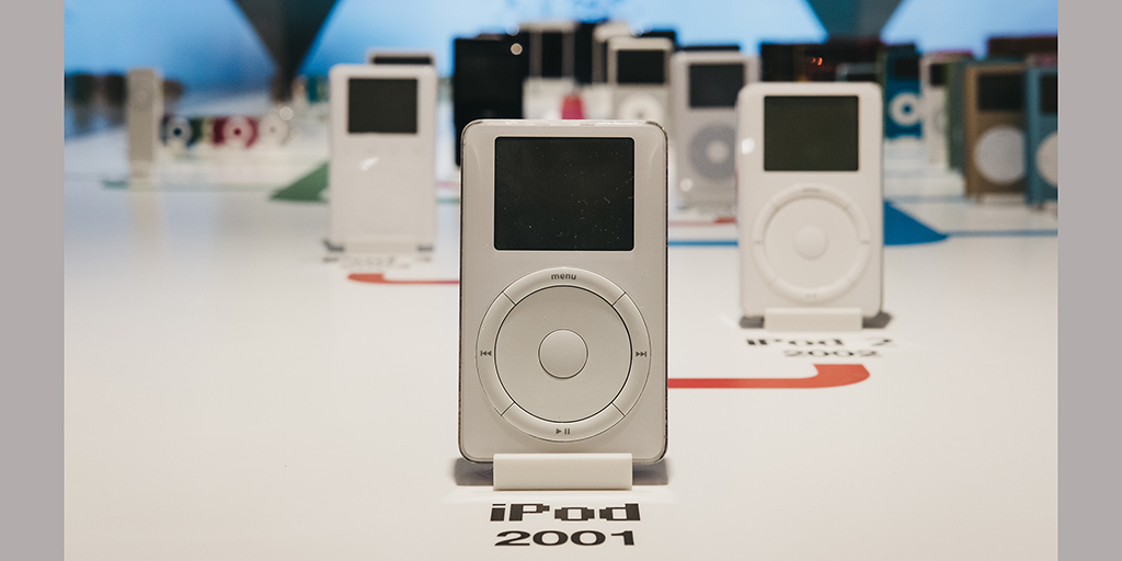 Prague, Czech Republic - August 28, 2018: Range of iPods inside Apple Museum in Prague, the largest private collection of Apple products around the world.