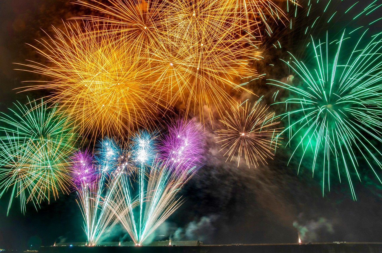 Colourful fireworks sparkling in the summer sky