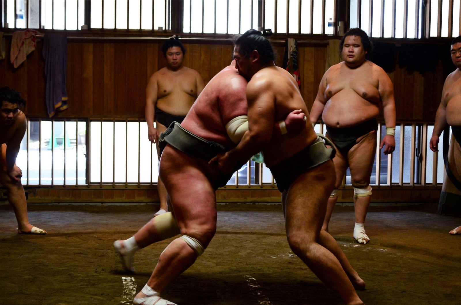 Sumo wrestlers practicing at the Sumo stable